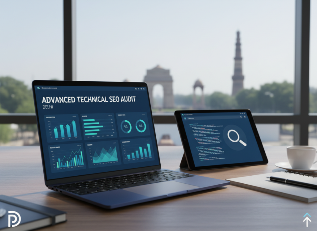 Dashboard view of an advanced technical SEO audit displaying Core Web Vitals scores, XML sitemap validation, and server log analysis for a client in Delhi