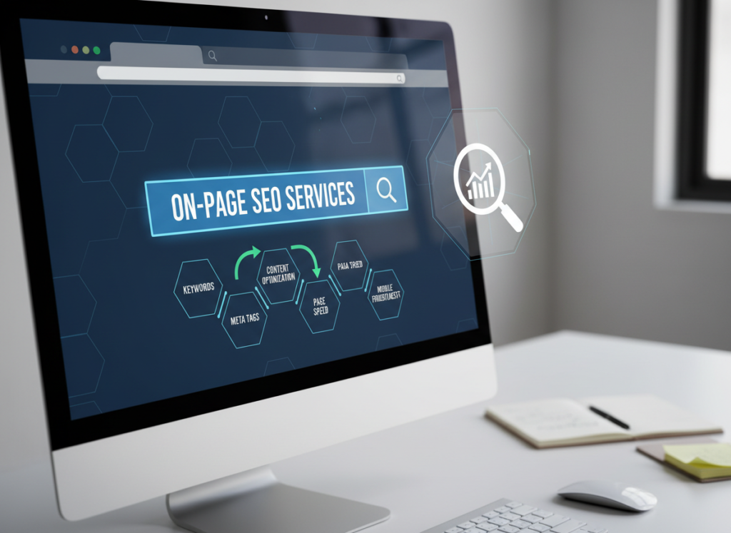 Computer screen displaying an On-Page SEO audit checklist, highlighting H1 tag optimization, meta descriptions, and internal linking structure.