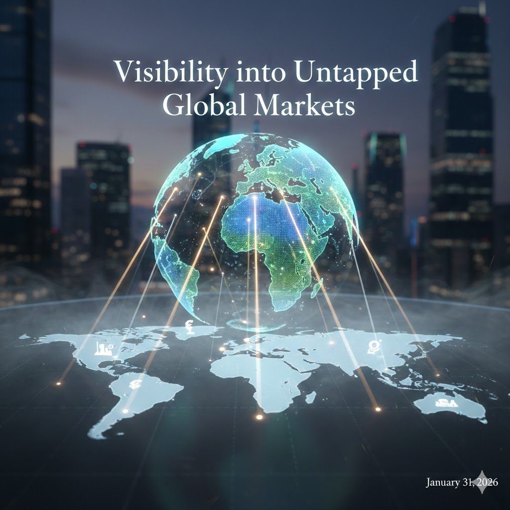 Digital illustration of a glowing holographic globe connected to a world map with light beams, symbolizing visibility into untapped global business markets