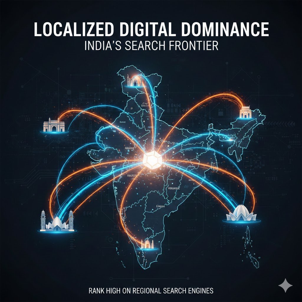 Ecommerce Coach International SEO Digital visualization of a magnifying glass over a world map with glowing search bars, representing high rankings on regional search engines.